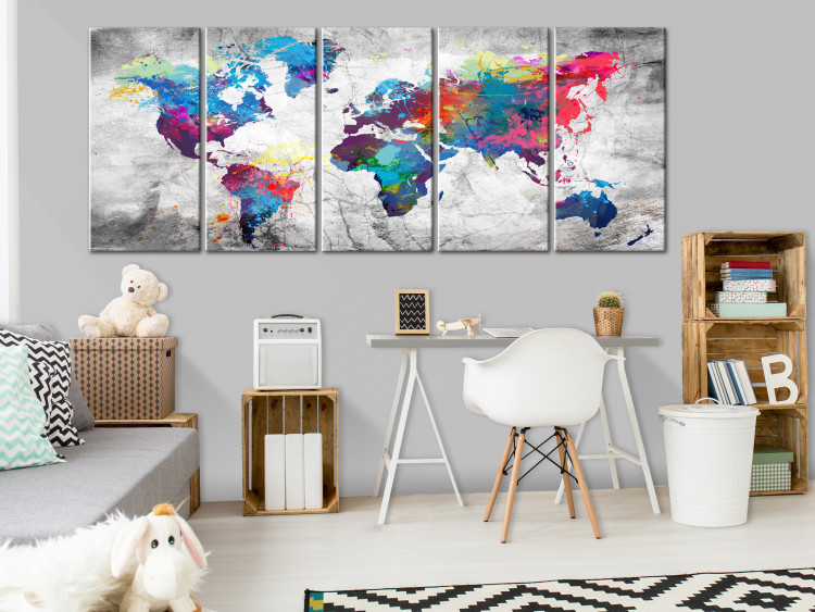 Canvas World Map: Spilled Paint (5-piece) - Colorful World and Gray Background 105020 additionalImage 3
