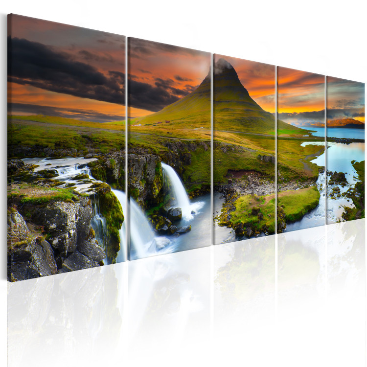 Canvas Print Wonderful Iceland (5-piece) - Waterfall amidst Green Landscape 105620 additionalImage 2