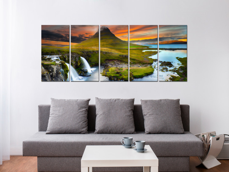 Canvas Print Wonderful Iceland (5-piece) - Waterfall amidst Green Landscape 105620 additionalImage 3