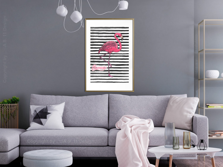 Poster Black Stripes and Flamingo - text and pink bird on a background of horizontal stripes 115320 additionalImage 13