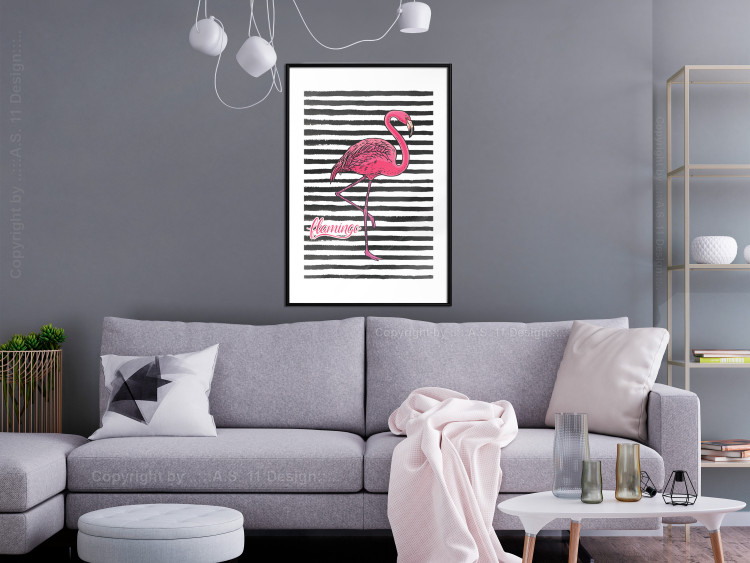 Poster Black Stripes and Flamingo - text and pink bird on a background of horizontal stripes 115320 additionalImage 4