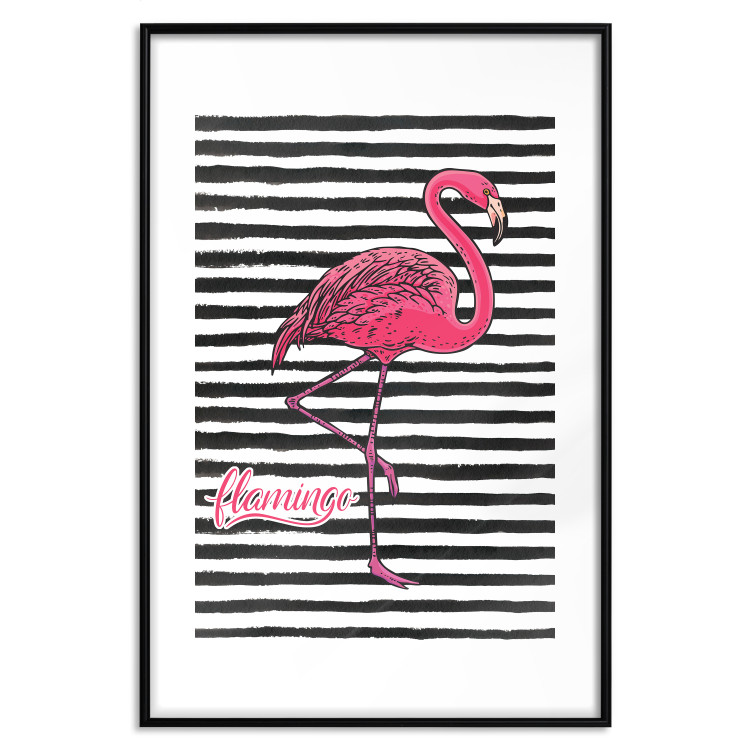 Poster Black Stripes and Flamingo - text and pink bird on a background of horizontal stripes 115320 additionalImage 15