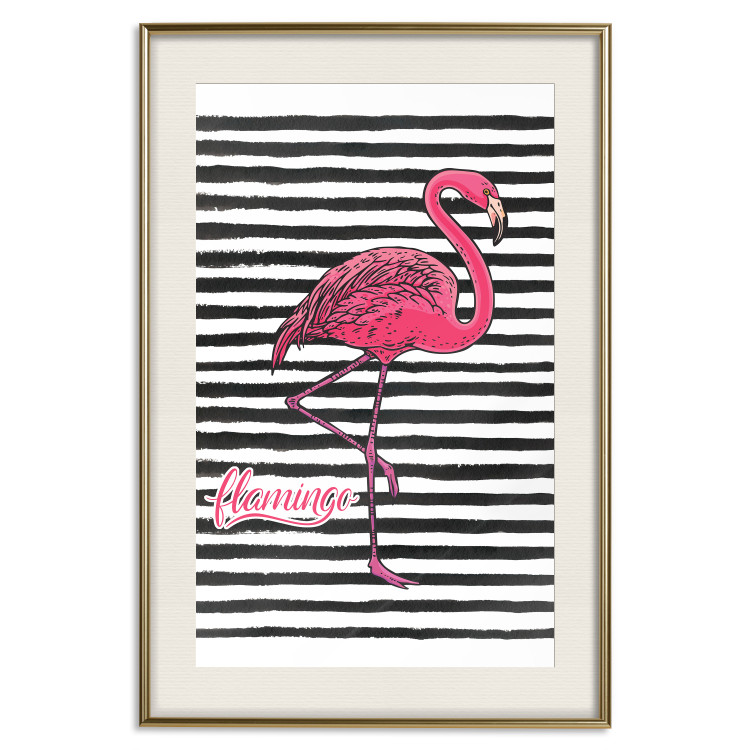 Poster Black Stripes and Flamingo - text and pink bird on a background of horizontal stripes 115320 additionalImage 20