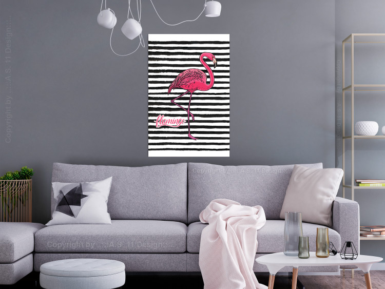 Poster Black Stripes and Flamingo - text and pink bird on a background of horizontal stripes 115320 additionalImage 17