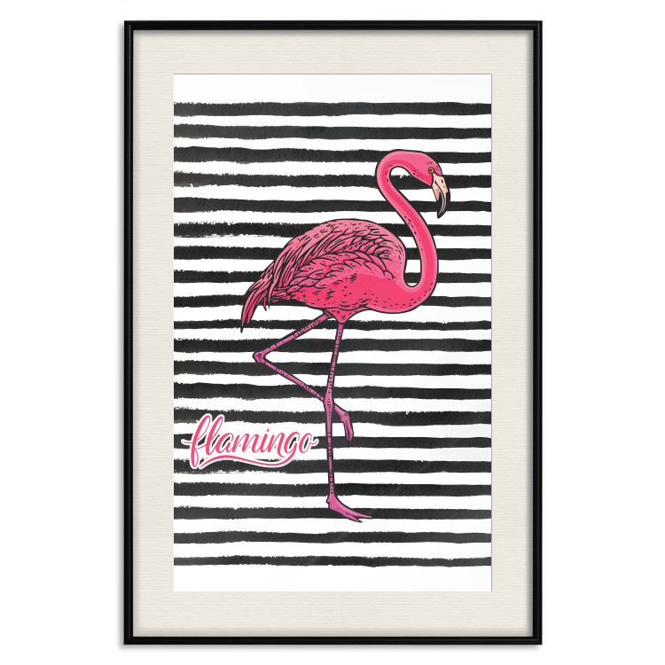 Poster Black Stripes and Flamingo - text and pink bird on a background of horizontal stripes 115320 additionalImage 17