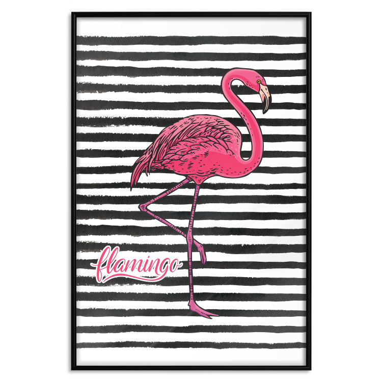 Poster Black Stripes and Flamingo - text and pink bird on a background of horizontal stripes 115320 additionalImage 27