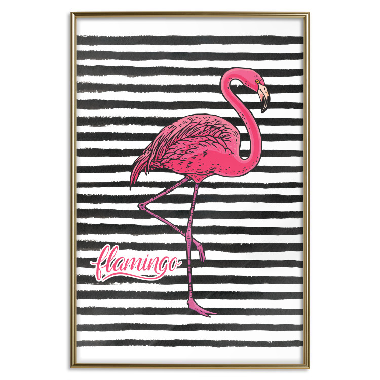 Poster Black Stripes and Flamingo - text and pink bird on a background of horizontal stripes 115320 additionalImage 26