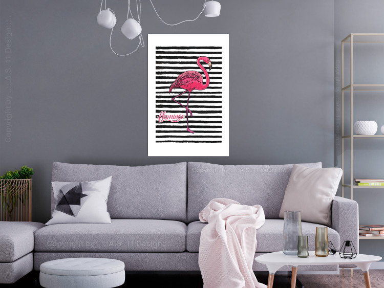 Poster Black Stripes and Flamingo - text and pink bird on a background of horizontal stripes 115320 additionalImage 4