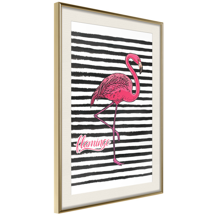 Poster Black Stripes and Flamingo - text and pink bird on a background of horizontal stripes 115320 additionalImage 2