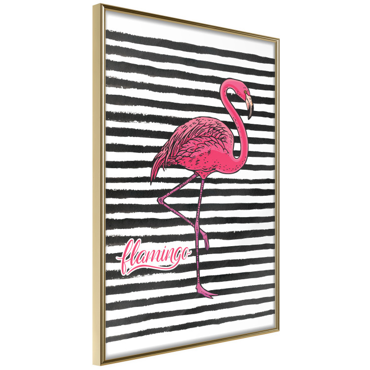 Poster Black Stripes and Flamingo - text and pink bird on a background of horizontal stripes 115320 additionalImage 14
