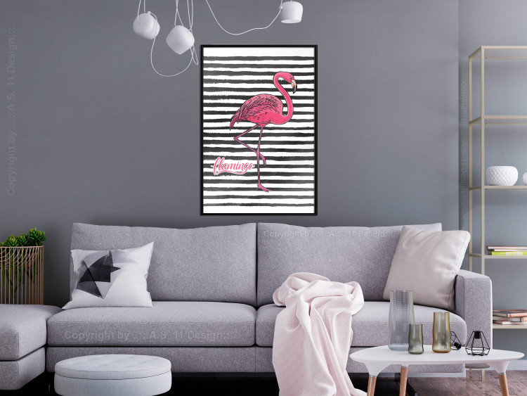 Poster Black Stripes and Flamingo - text and pink bird on a background of horizontal stripes 115320 additionalImage 3