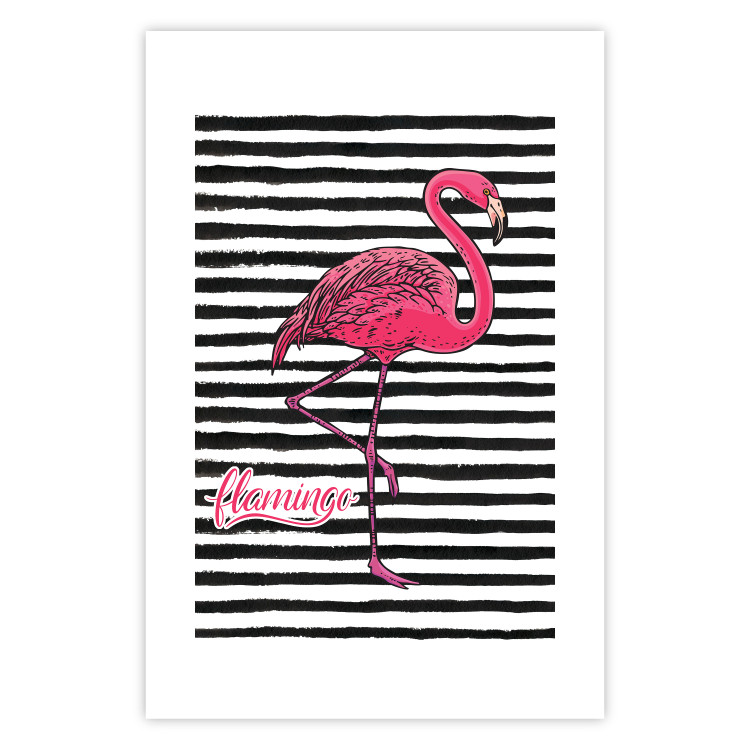 Poster Black Stripes and Flamingo - text and pink bird on a background of horizontal stripes 115320 additionalImage 18