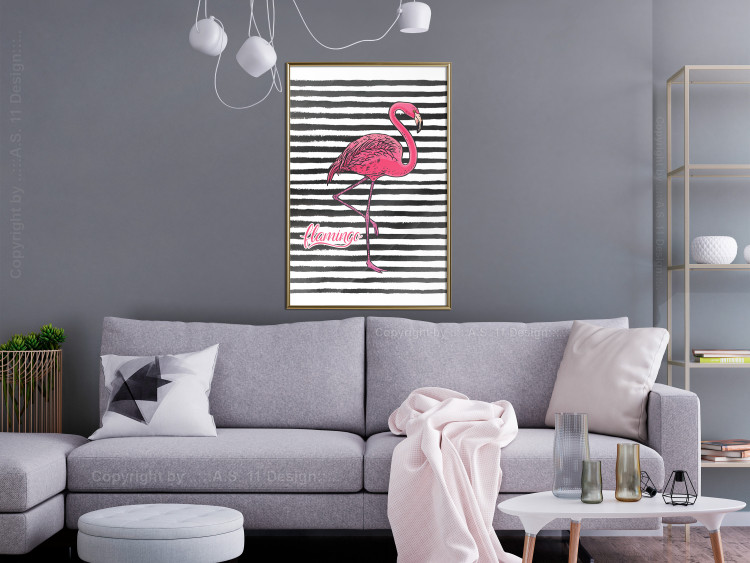 Poster Black Stripes and Flamingo - text and pink bird on a background of horizontal stripes 115320 additionalImage 7