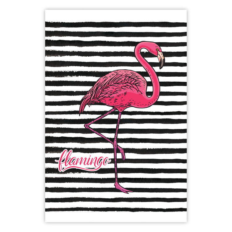 Poster Black Stripes and Flamingo - text and pink bird on a background of horizontal stripes 115320