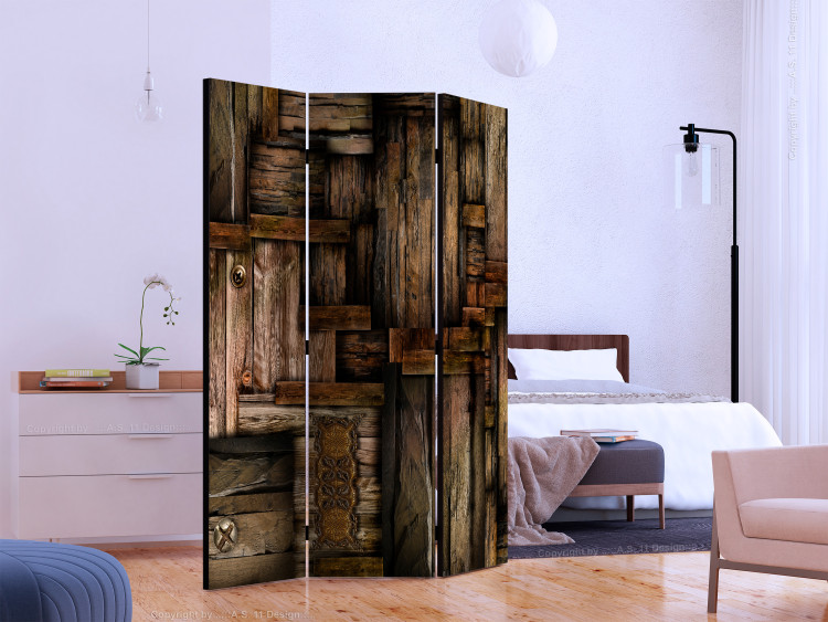 Room Divider Screen Wooden Puzzle (3-piece) - composition in dark brown pattern 133220 additionalImage 2