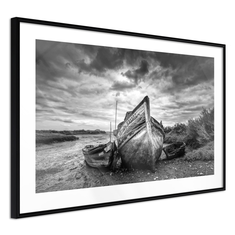 Wall Poster Journey into Nature - black and white abandoned boat against sky and clouds 138720 additionalImage 7