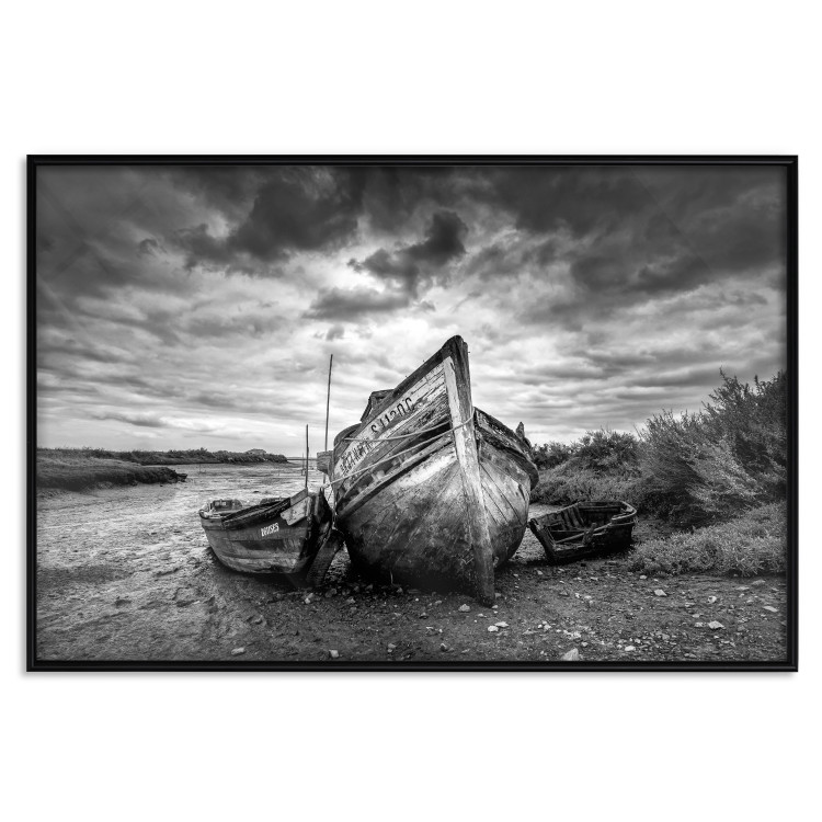Wall Poster Journey into Nature - black and white abandoned boat against sky and clouds 138720 additionalImage 25