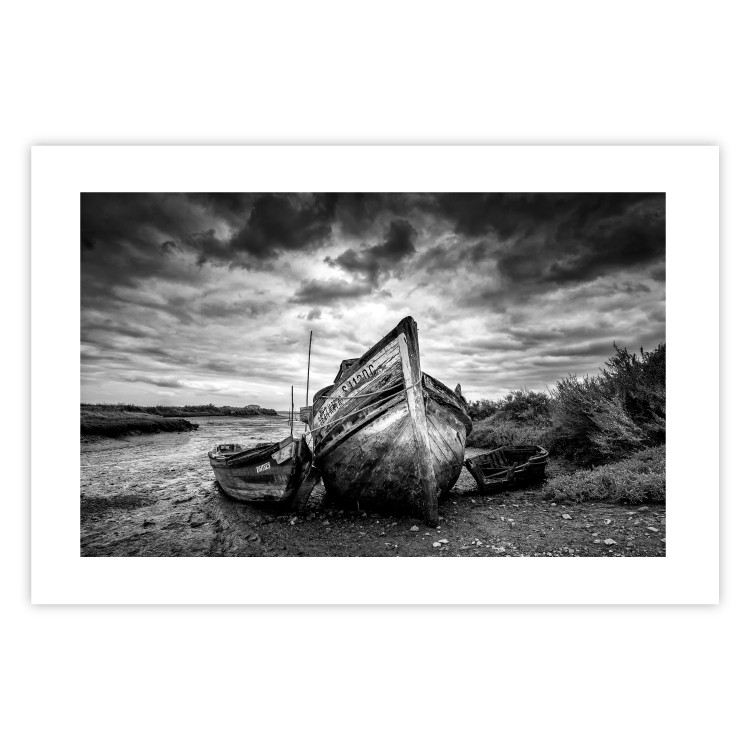 Wall Poster Journey into Nature - black and white abandoned boat against sky and clouds 138720 additionalImage 24