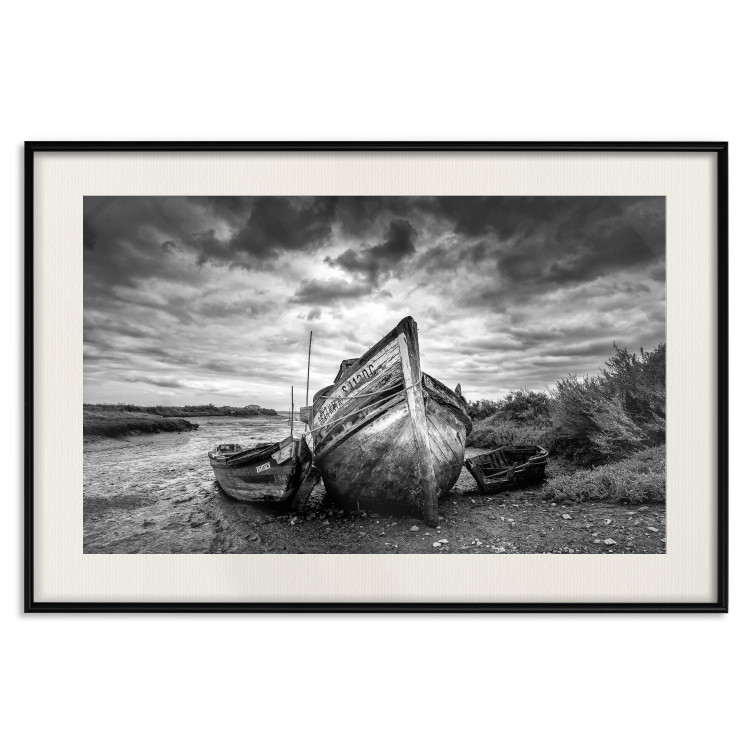 Wall Poster Journey into Nature - black and white abandoned boat against sky and clouds 138720 additionalImage 19