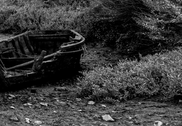 Wall Poster Journey into Nature - black and white abandoned boat against sky and clouds 138720 additionalImage 9