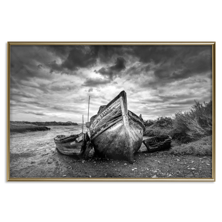 Wall Poster Journey into Nature - black and white abandoned boat against sky and clouds 138720 additionalImage 21