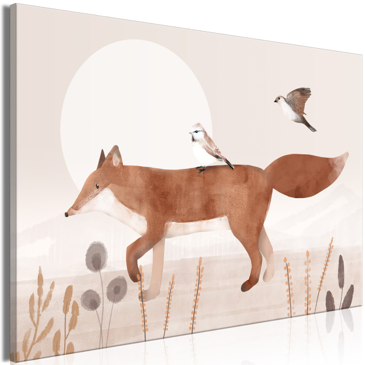 Canvas Art Print Wandering Fox and Birds (1-piece) - beige illustration for children 144720 additionalImage 2