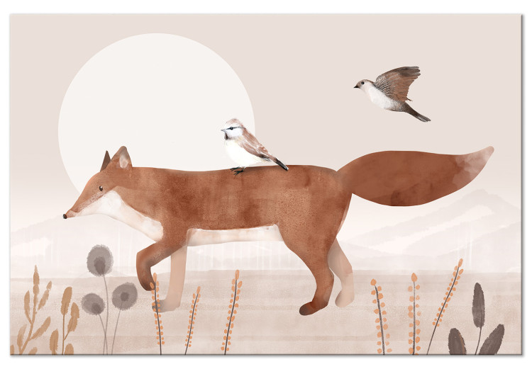 Canvas Art Print Wandering Fox and Birds (1-piece) - beige illustration for children 144720