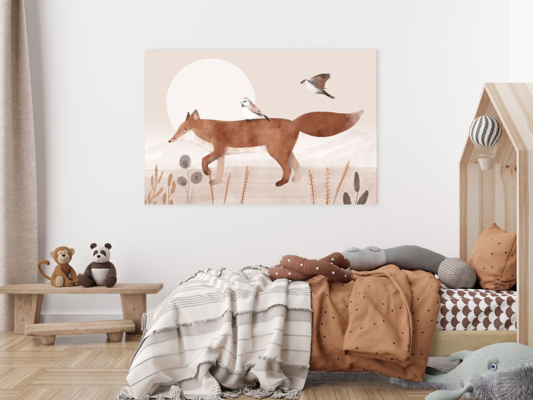 Canvas Art Print Wandering Fox and Birds (1-piece) - beige illustration for children 144720 additionalImage 3