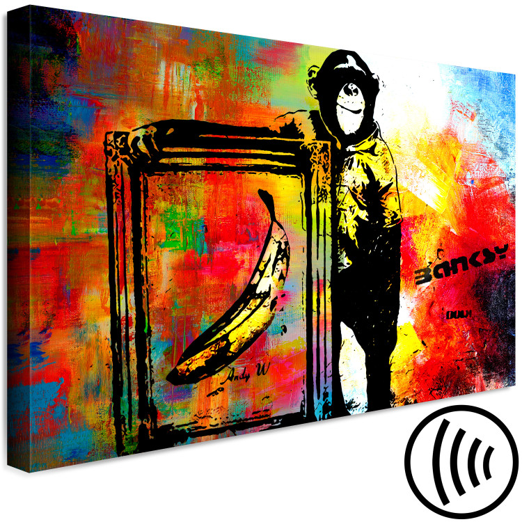 Canvas Print Monkey with Banana (1-piece) - Banksy-style mural on a colorful background 148920 additionalImage 6