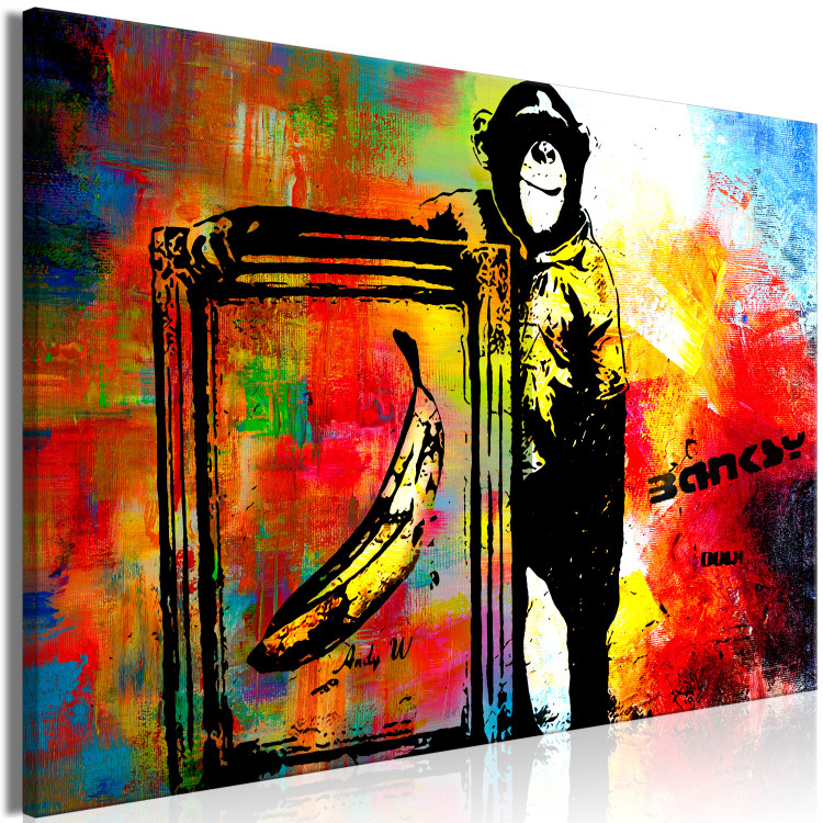 Canvas Print Monkey with Banana (1-piece) - Banksy-style mural on a colorful background 148920 additionalImage 2