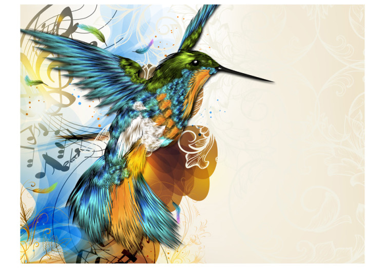 Wall Mural Colorful Hummingbird - Fantasy with musical notes on a beige background with patterns 61320 additionalImage 1