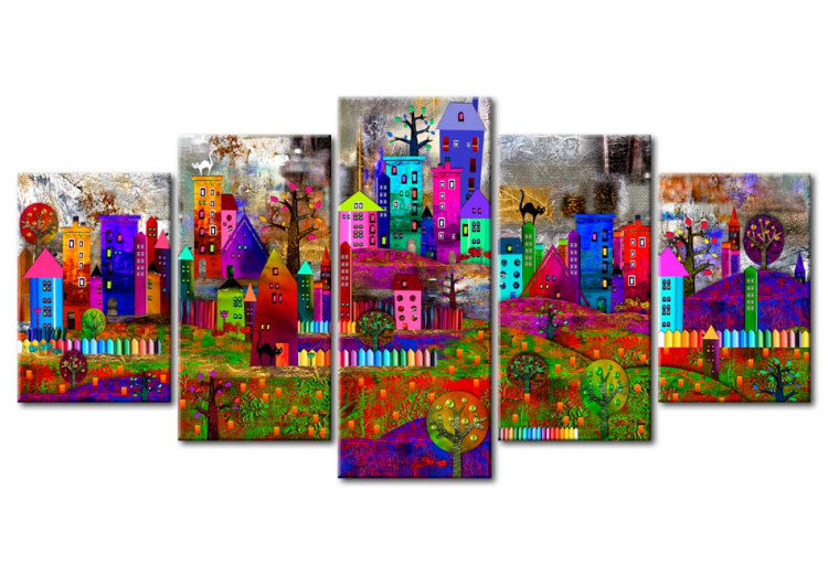 Canvas Print City of Expression (5-piece) - Colorful Houses and Fences in Pop Art Style 93720