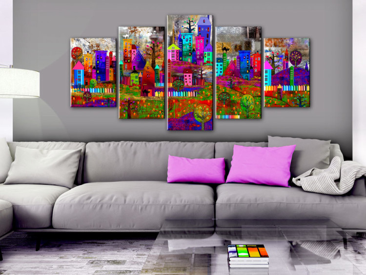 Canvas Print City of Expression (5-piece) - Colorful Houses and Fences in Pop Art Style 93720 additionalImage 3