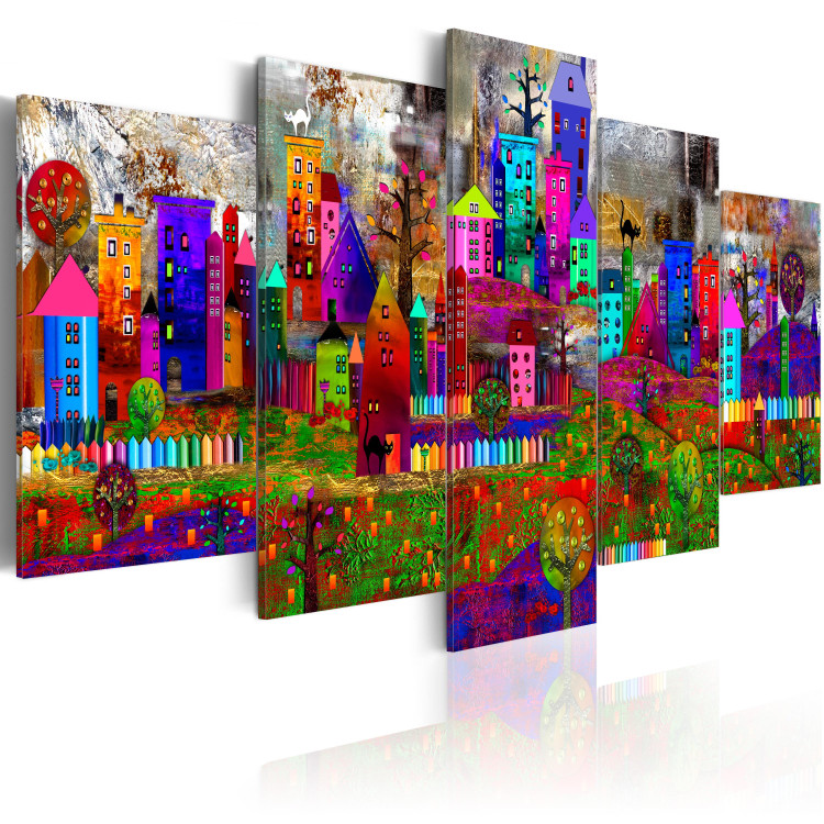 Canvas Print City of Expression (5-piece) - Colorful Houses and Fences in Pop Art Style 93720 additionalImage 2
