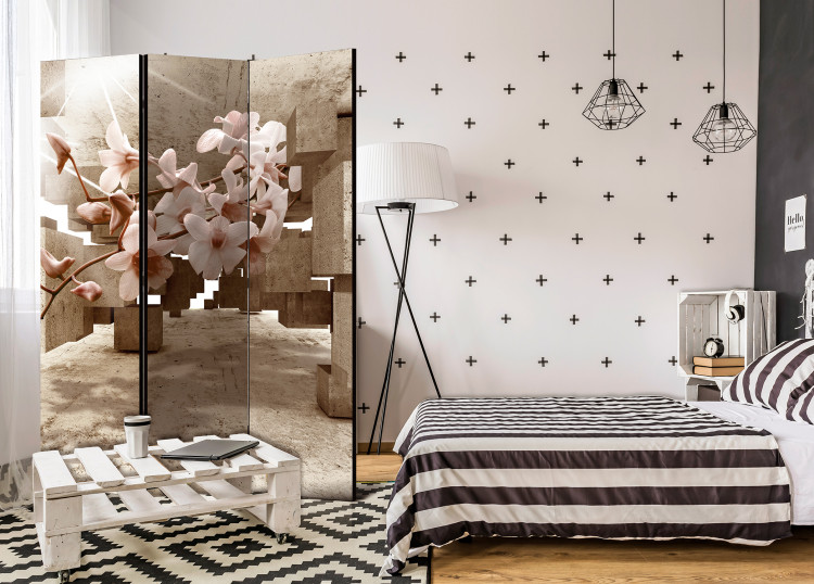 Folding Screen Small Wonders - orchid flowers on an abstract background of concrete figures 95620 additionalImage 4