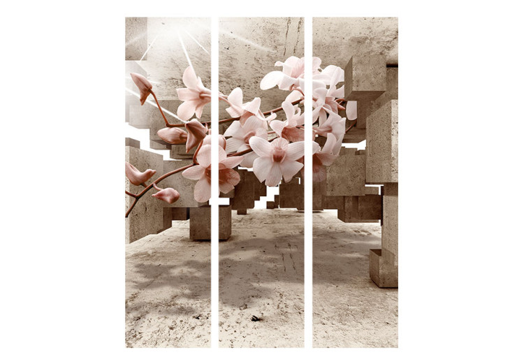 Folding Screen Small Wonders - orchid flowers on an abstract background of concrete figures 95620 additionalImage 3