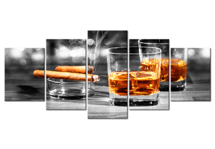 Canvas Print Cigars and Whisky (5-part) Wide - Still Life of Grey Glass 107230