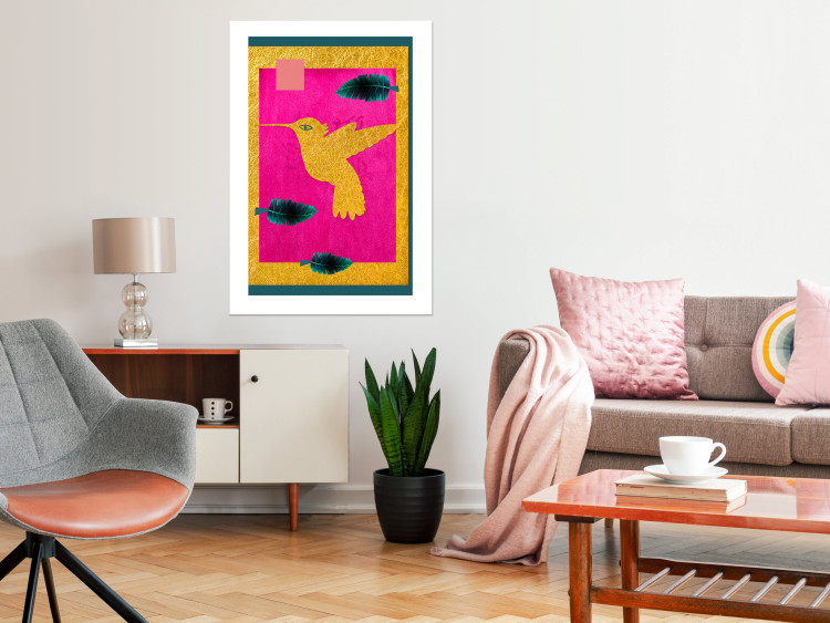 Poster Golden Hummingbird - abstraction with a bird and green leaves on a pink background 116930 additionalImage 2