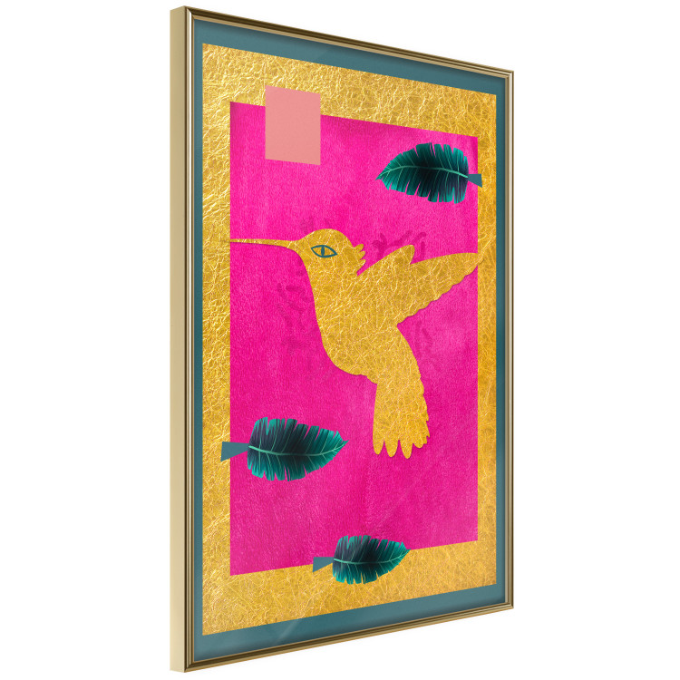 Poster Golden Hummingbird - abstraction with a bird and green leaves on a pink background 116930 additionalImage 12