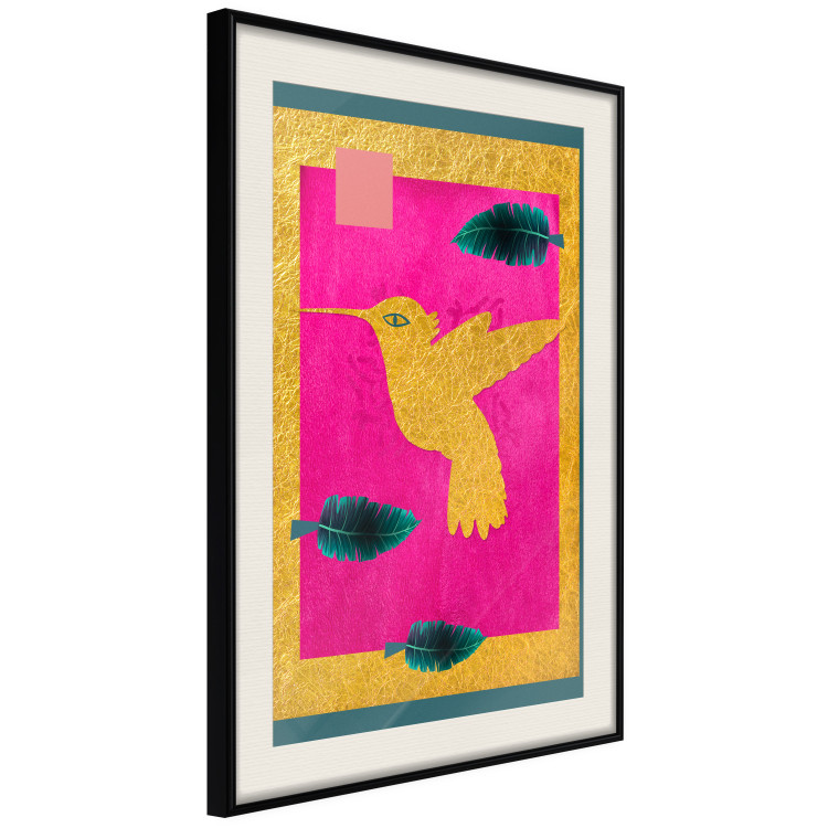 Poster Golden Hummingbird - abstraction with a bird and green leaves on a pink background 116930 additionalImage 3