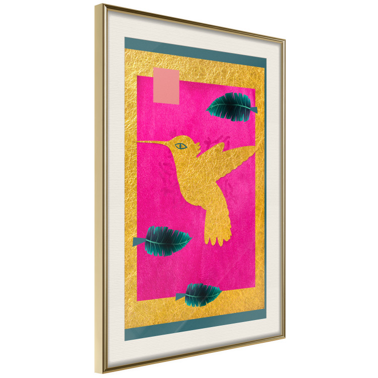 Poster Golden Hummingbird - abstraction with a bird and green leaves on a pink background 116930 additionalImage 2