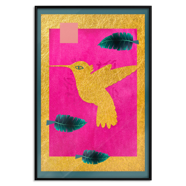 Poster Golden Hummingbird - abstraction with a bird and green leaves on a pink background 116930 additionalImage 24