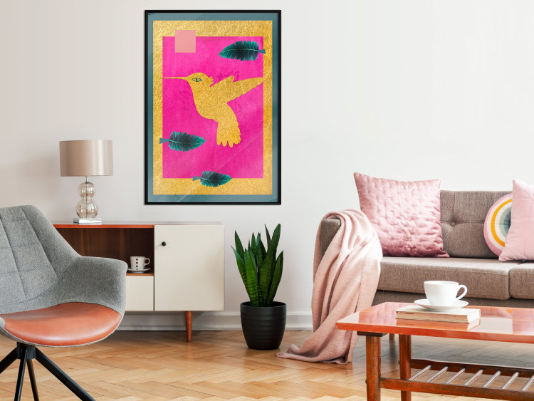 Poster Golden Hummingbird - abstraction with a bird and green leaves on a pink background 116930 additionalImage 5