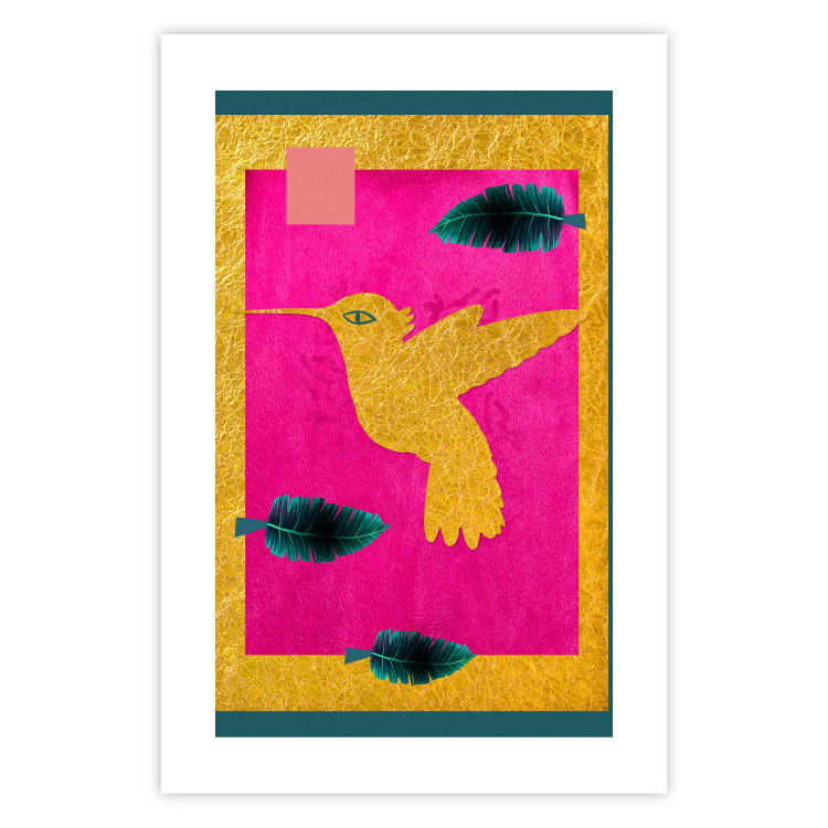 Poster Golden Hummingbird - abstraction with a bird and green leaves on a pink background 116930 additionalImage 25