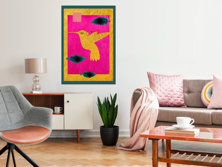 Poster Golden Hummingbird - abstraction with a bird and green leaves on a pink background 116930 additionalImage 23