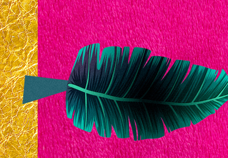 Poster Golden Hummingbird - abstraction with a bird and green leaves on a pink background 116930 additionalImage 8