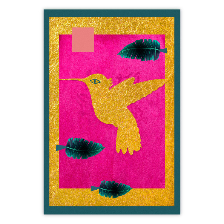 Poster Golden Hummingbird - abstraction with a bird and green leaves on a pink background 116930