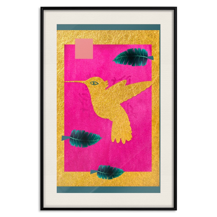 Poster Golden Hummingbird - abstraction with a bird and green leaves on a pink background 116930 additionalImage 18
