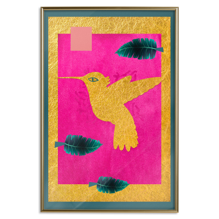 Poster Golden Hummingbird - abstraction with a bird and green leaves on a pink background 116930 additionalImage 20