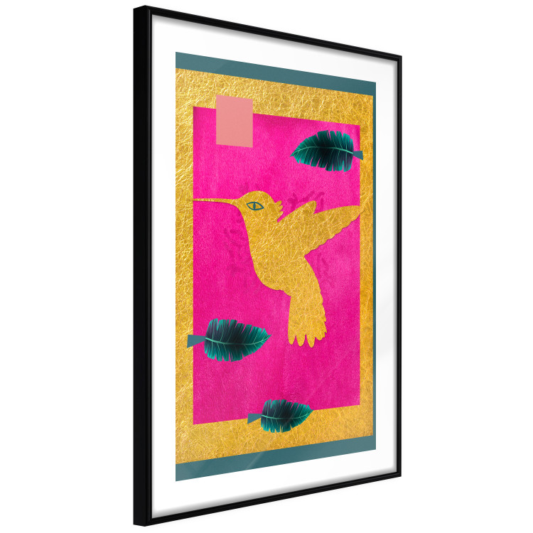 Poster Golden Hummingbird - abstraction with a bird and green leaves on a pink background 116930 additionalImage 13